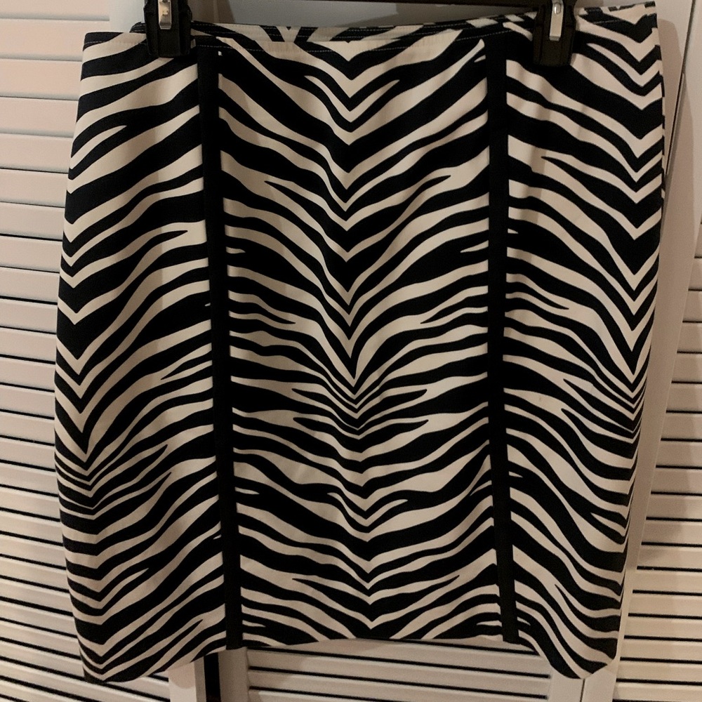 Womens zebra print pencil skirt with black stripe details and side zipper